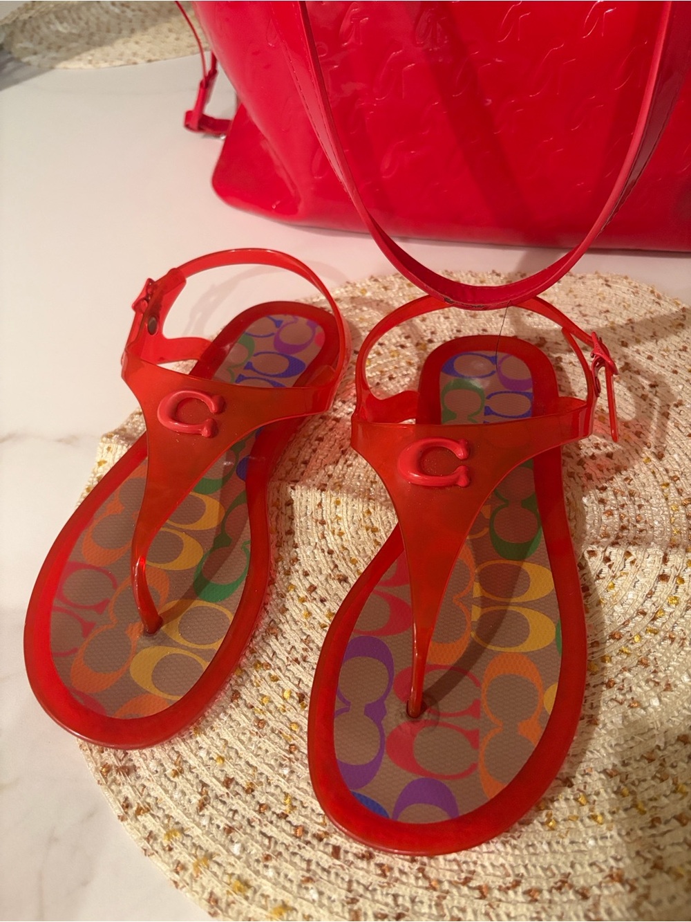 Coach Red Jelly T-Strap Sandals with Multicolor Printed Footbed - Picture 3 of 8